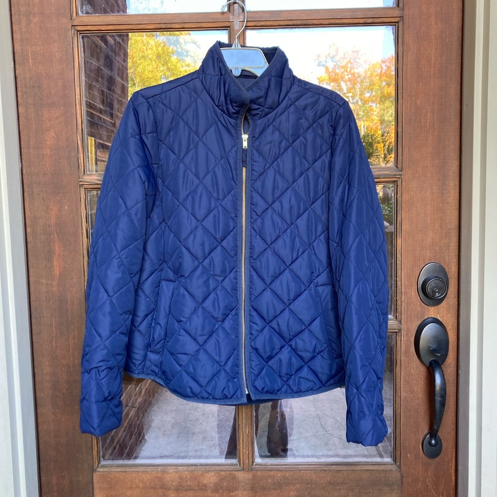 J CREW NAVY QUILTED JACKET WITH CORDUROY COLLAR
